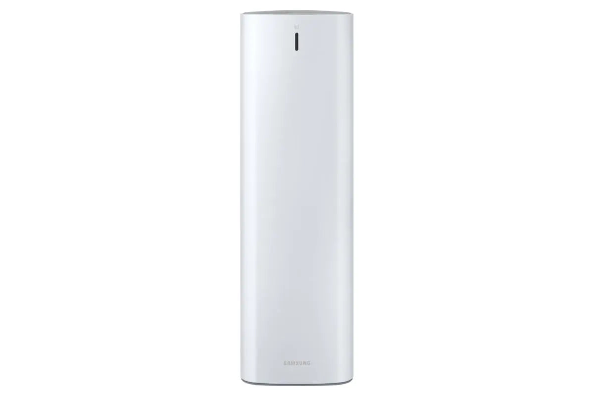 White stick vacuum cleaning station base with top slot and recessed control icons