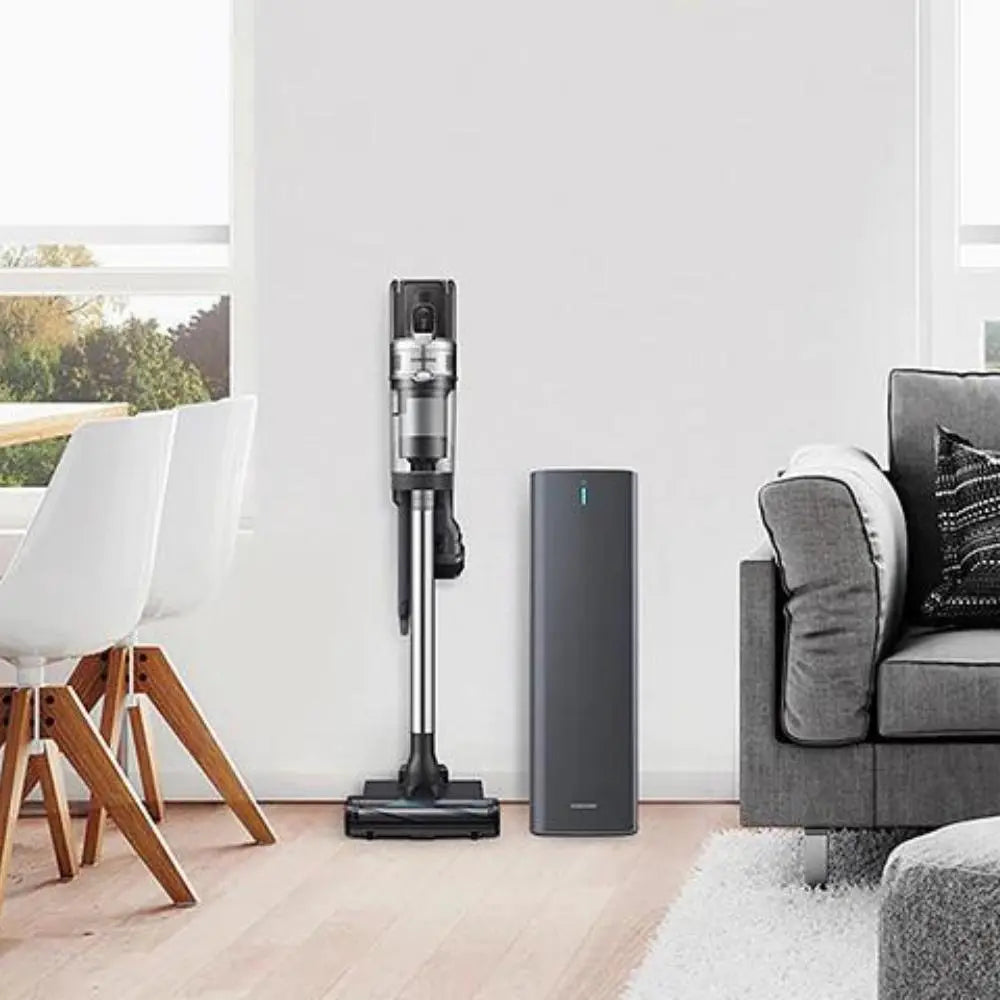 Stick vacuum cleaning station dock with upright base and mounted vacuum stand