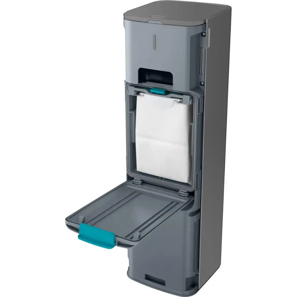 Grey cleaning station with open front compartment showing a filter bag inside