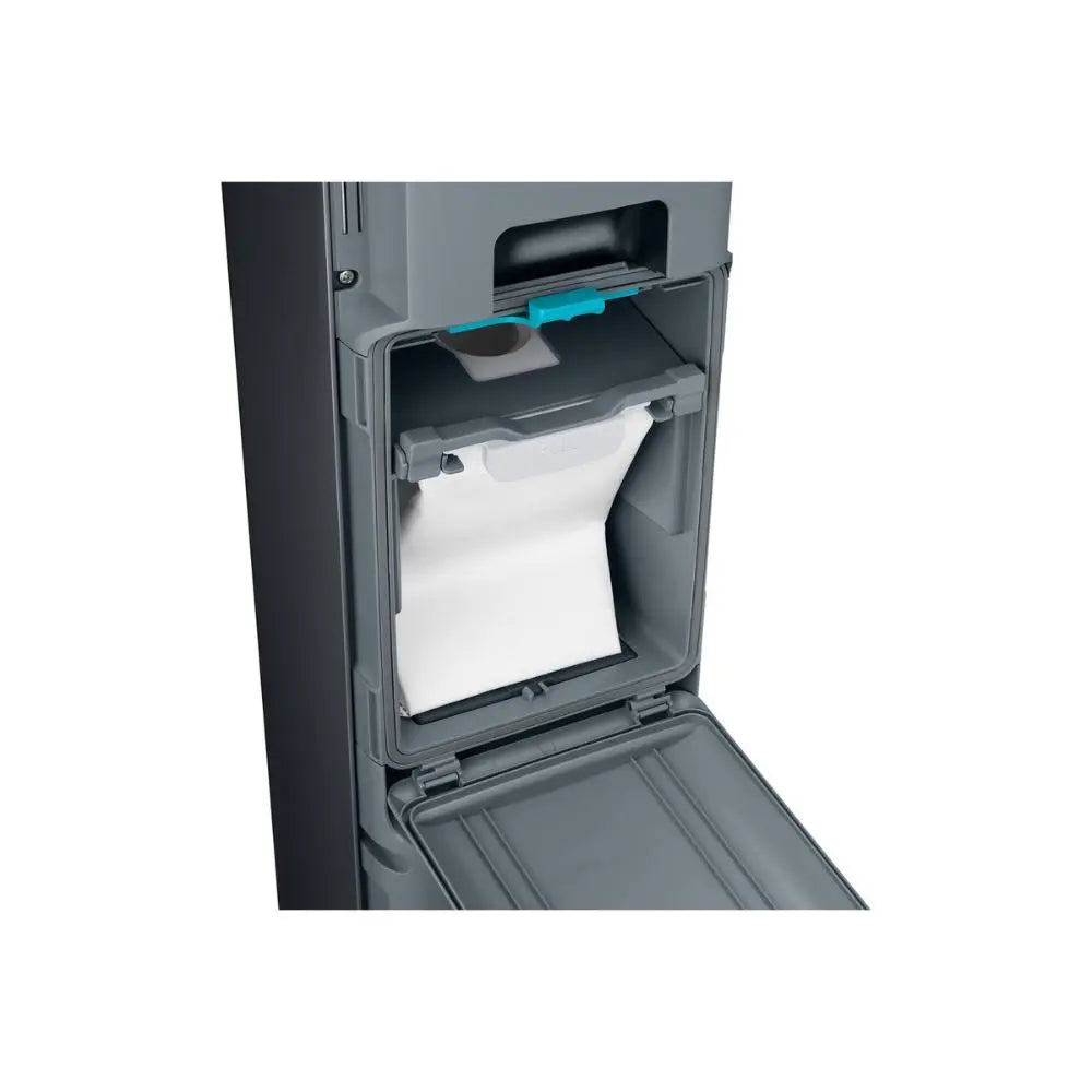 Grey cleaning station with open drawer tray and filter bag, teal release tab