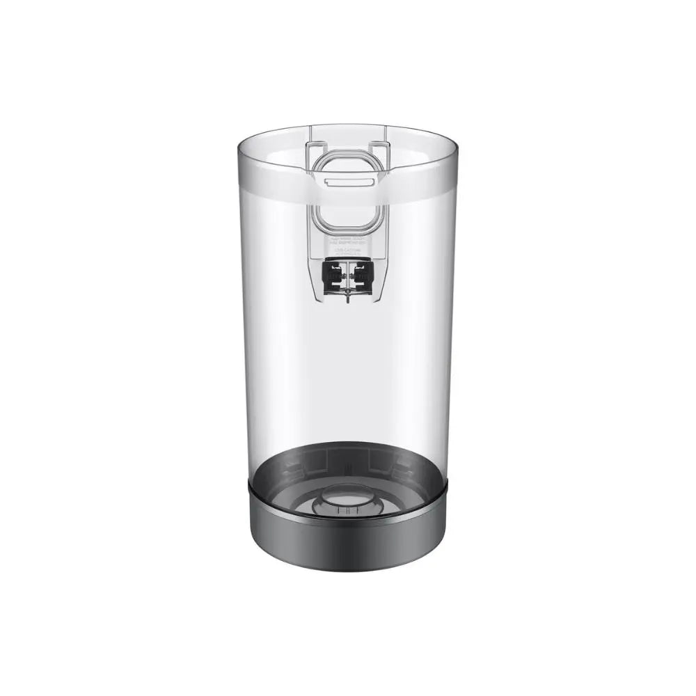 White cleaning station canister with clear top window and black collection base