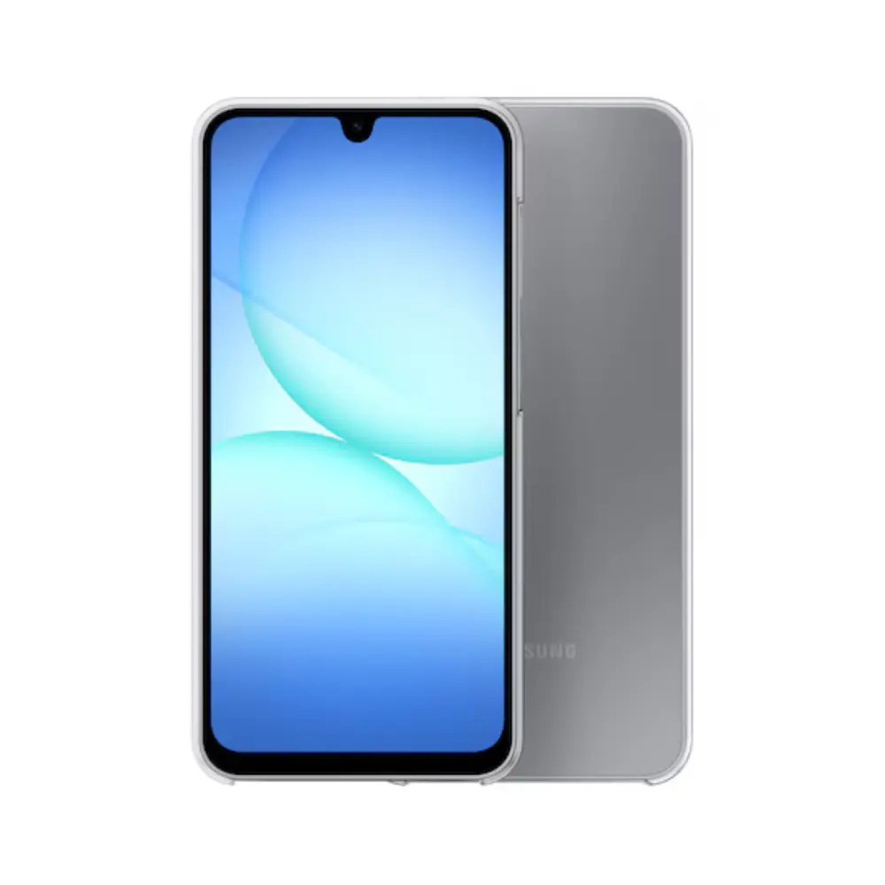 Samsung Galaxy A17 clear case with phone and blue display, transparent back panel
