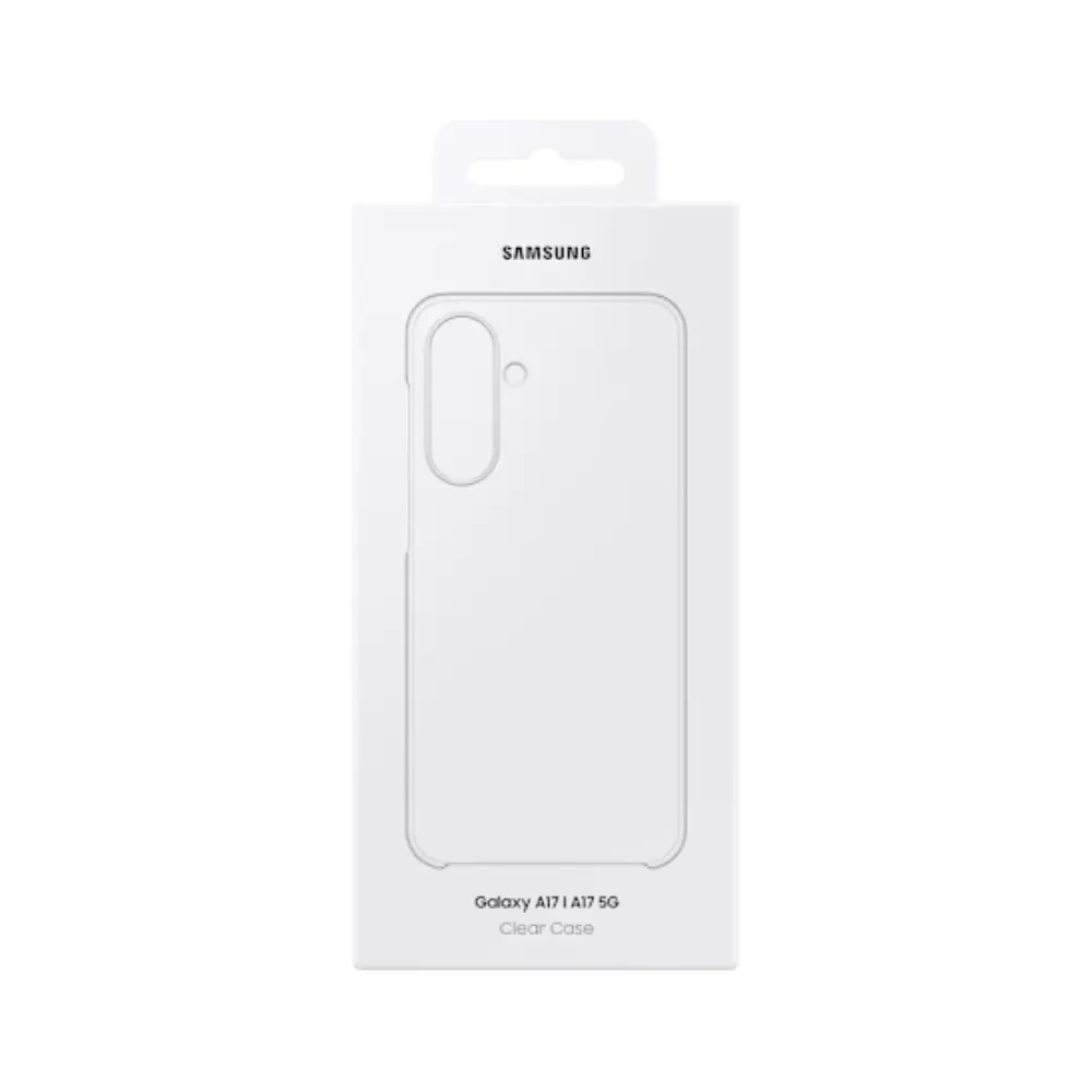Samsung Galaxy A17 clear case retail package with transparent case shown