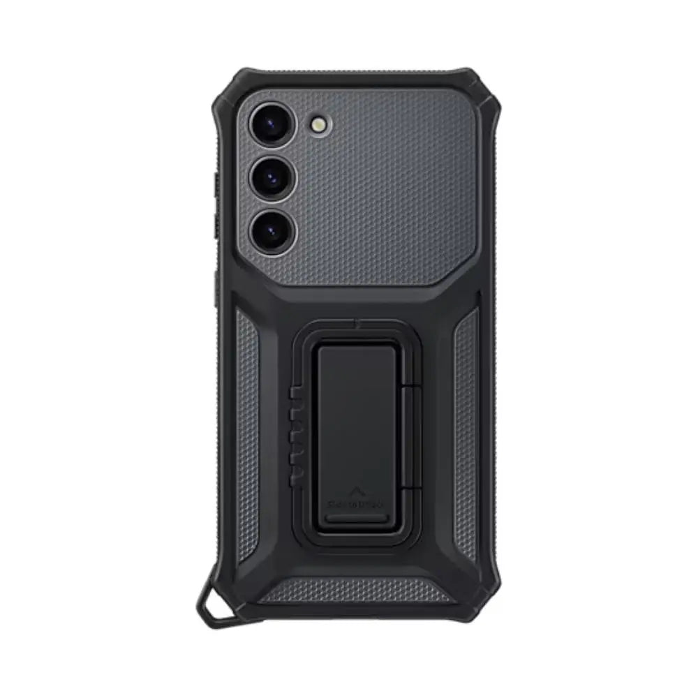Rugged Samsung phone case, dark textured back with raised camera cutouts and kickstand