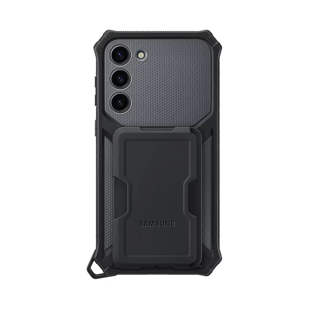 Rugged Samsung phone case, dark textured back with triple camera cutouts and built-in stand
