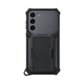Rugged Samsung phone case, dark textured back with triple camera cutouts and built-in stand