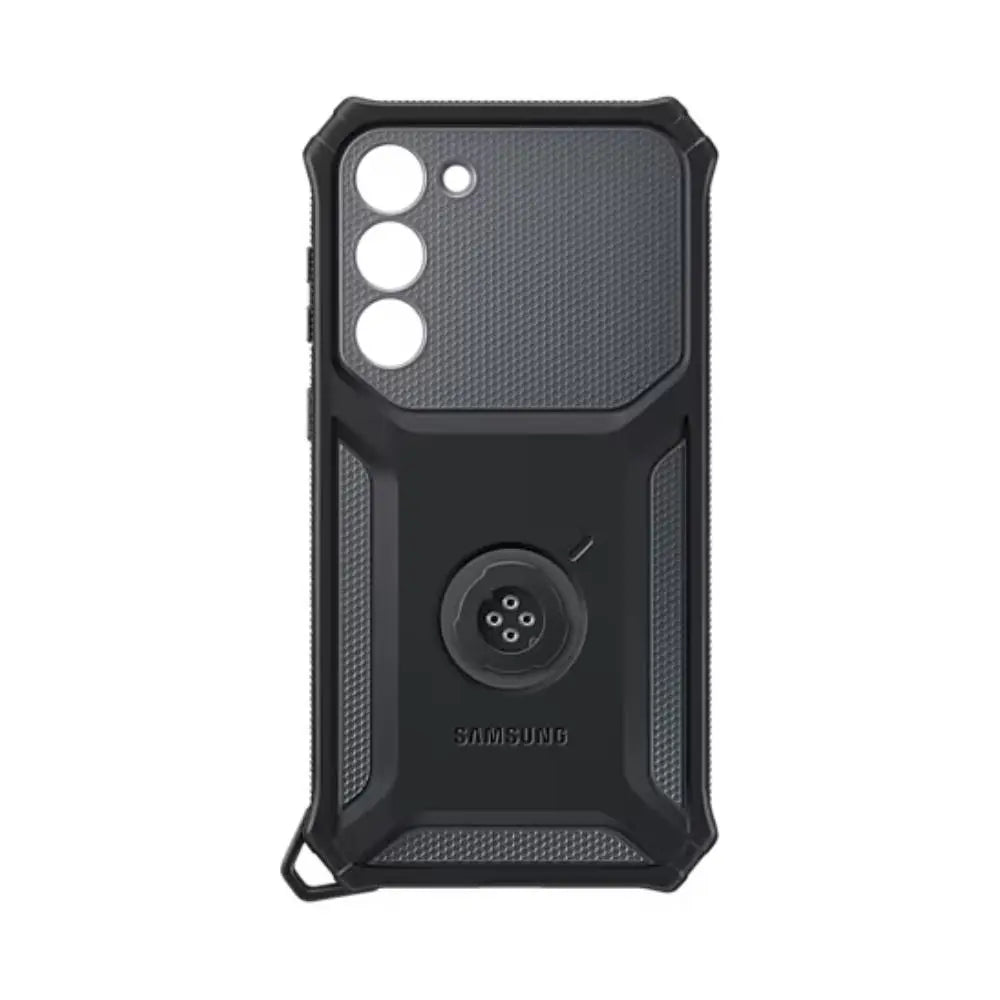 Rugged Samsung phone case, dark textured back with camera cutouts and lanyard-port opening