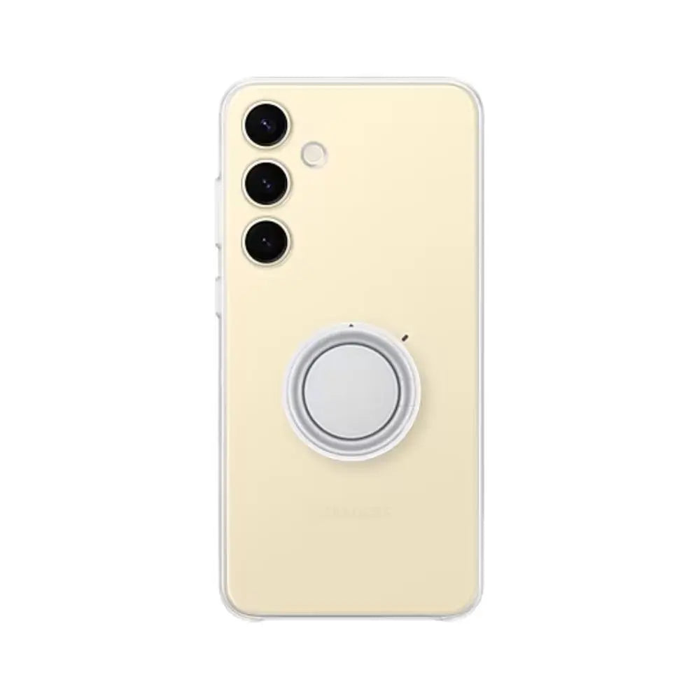 Galaxy S24+ clear phone case with ring kickstand and camera cutouts, light yellow tint