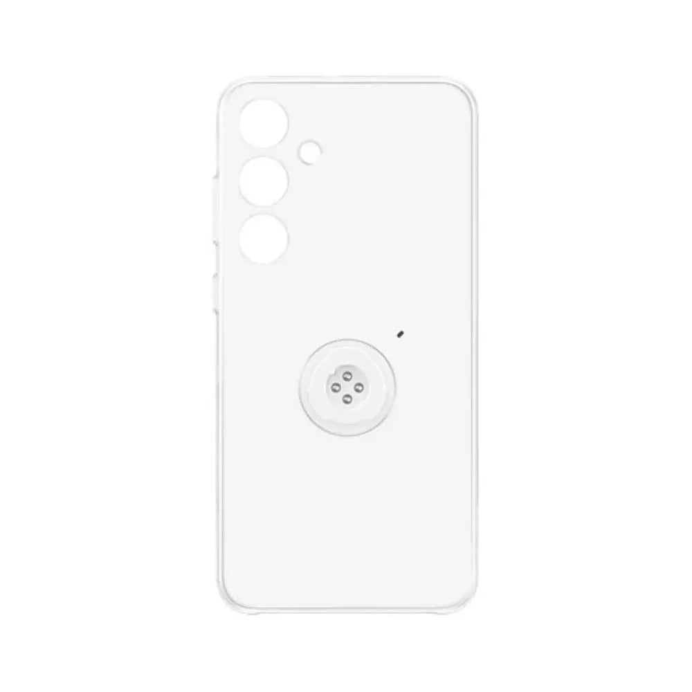 Galaxy S24+ clear phone case with camera cutouts and round kickstand, translucent white