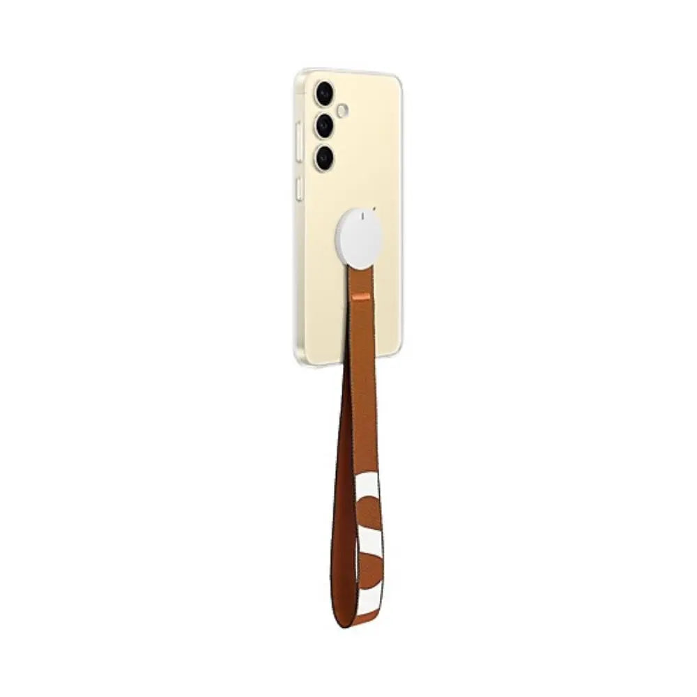 Galaxy S24+ clear phone case with ring kickstand and camera cutouts; brown strap attachment
