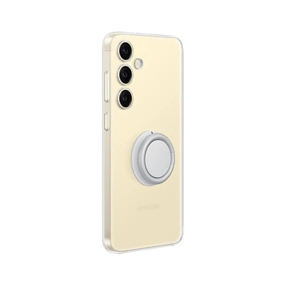 Galaxy S24+ clear phone case with ring kickstand and camera cutouts, light yellow tint