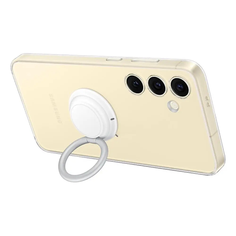 Galaxy S24+ clear phone case with ring kickstand and camera cutouts, side view with ring
