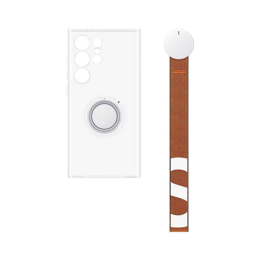 Clear phone case with camera cutouts and ring holder; includes patterned wrist strap