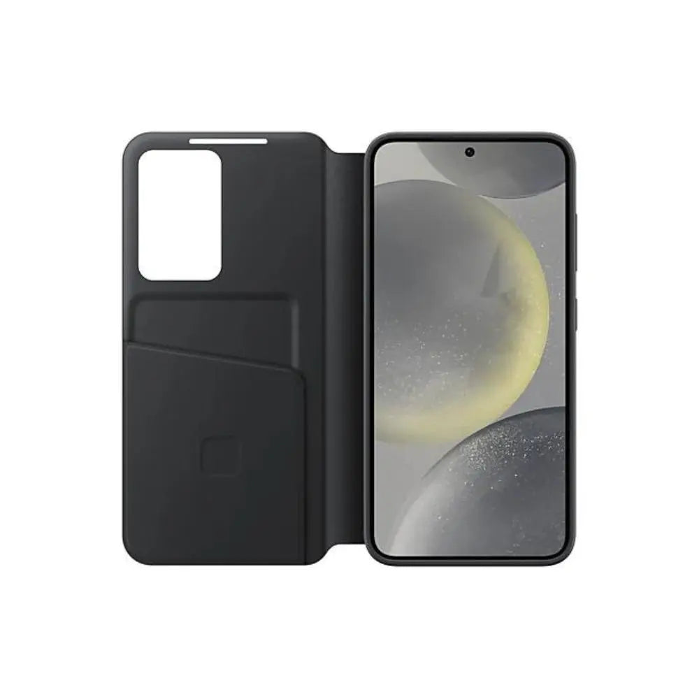 Galaxy S24 Smart View wallet case, black open with screen exposed and card slot