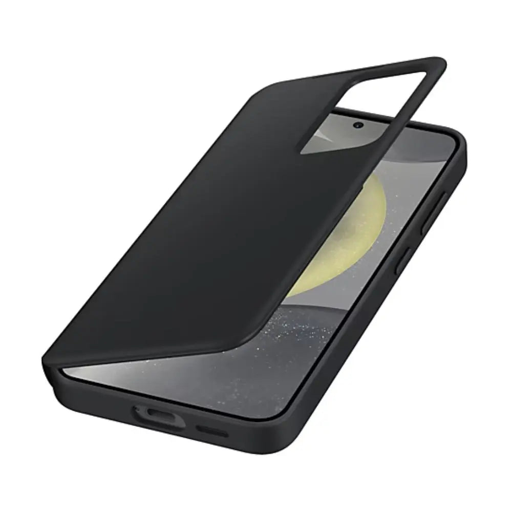 Galaxy S24 Smart View wallet case, black angled with screen visible