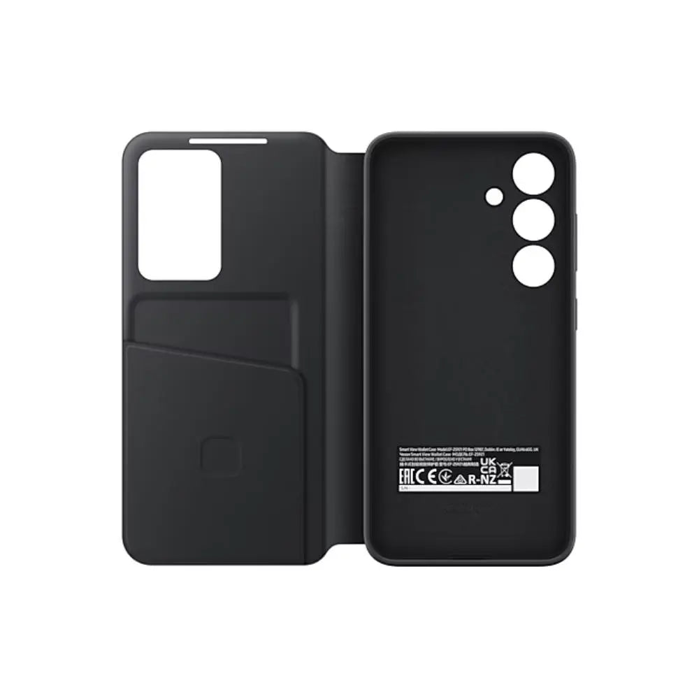 Galaxy S24 Smart View wallet case, black open with phone back and camera openings