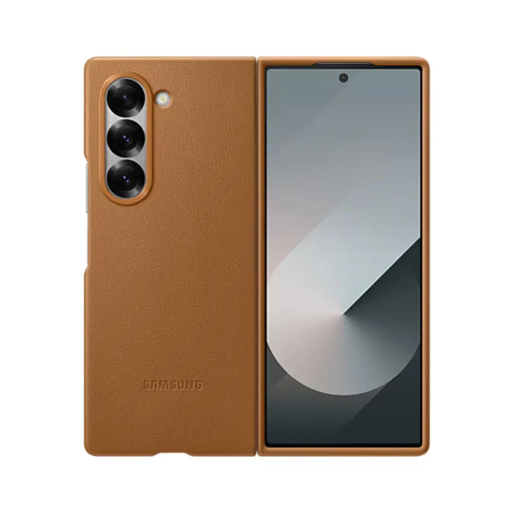 Samsung faux leather phone case for Z Fold6, brown, back with triple camera cutout