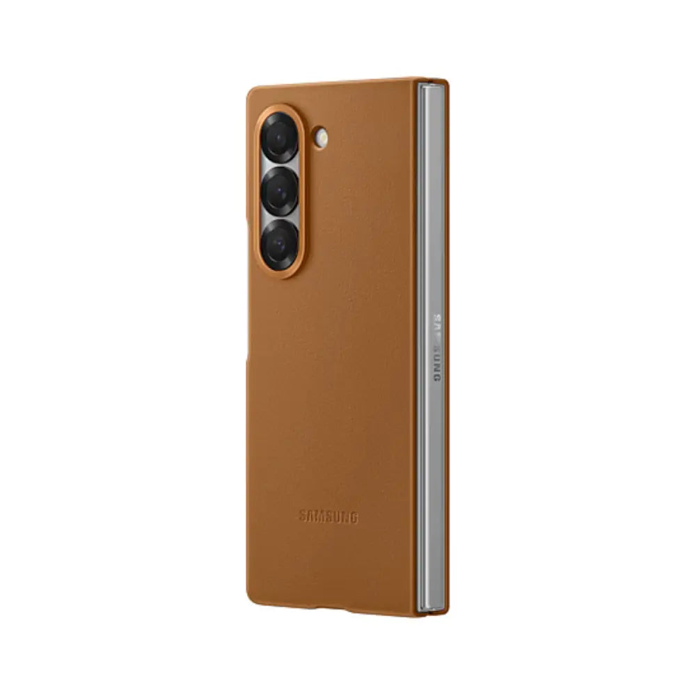Samsung faux leather phone case for Z Fold6, brown, folded side view with hinge edge