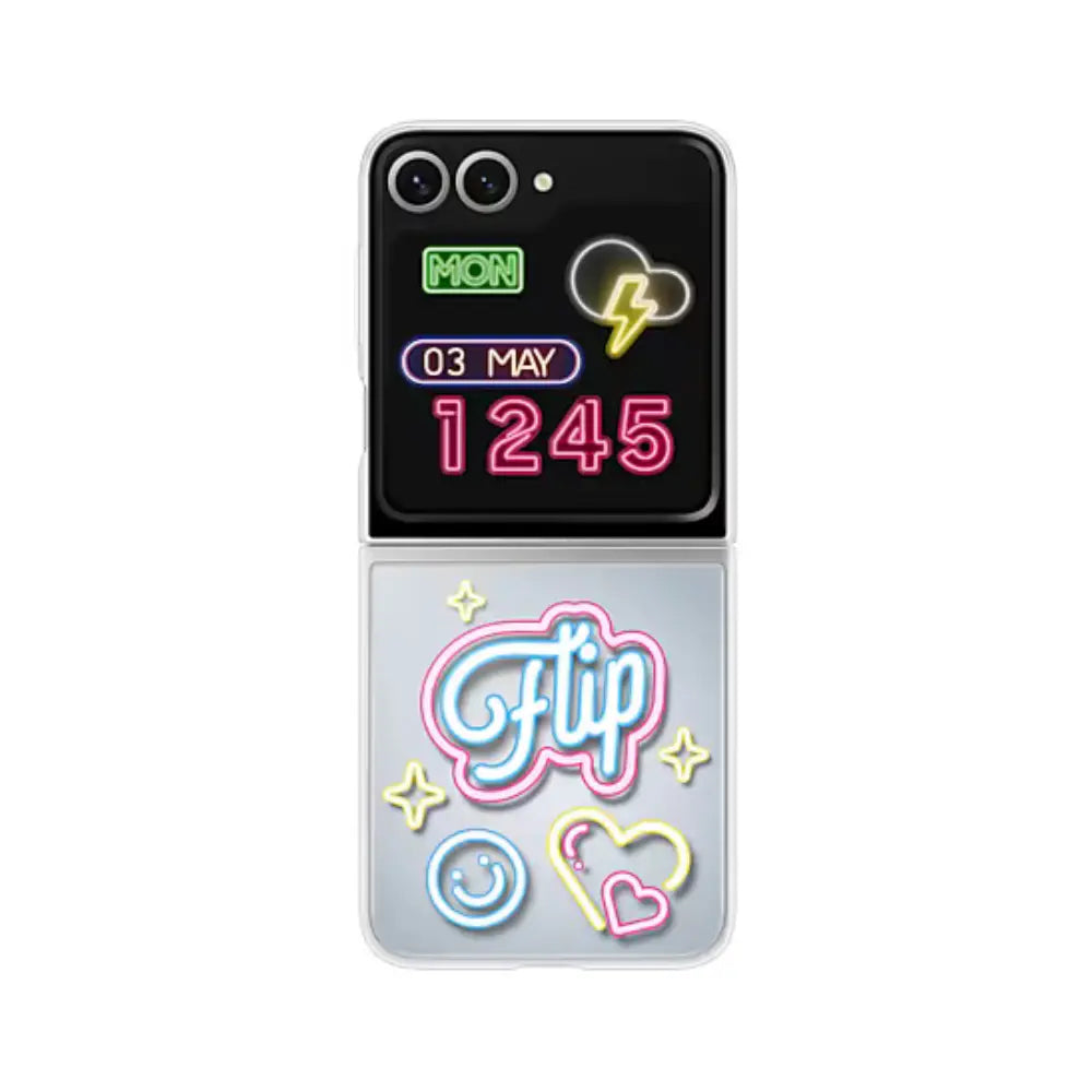 Flip phone case for Galaxy Z Flip6 with neon day-and-time graphic on both halves