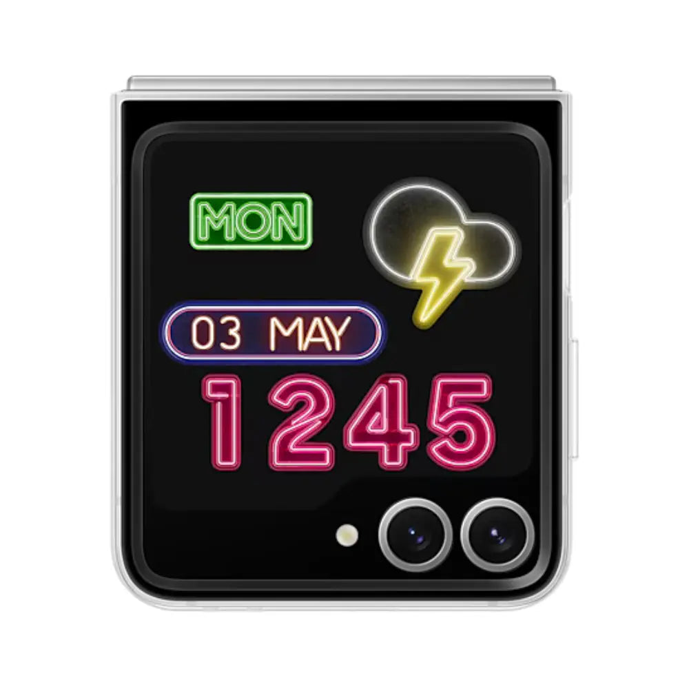 Samsung flip case for Z Flip6 with black upper panel and colorful neon calendar icons