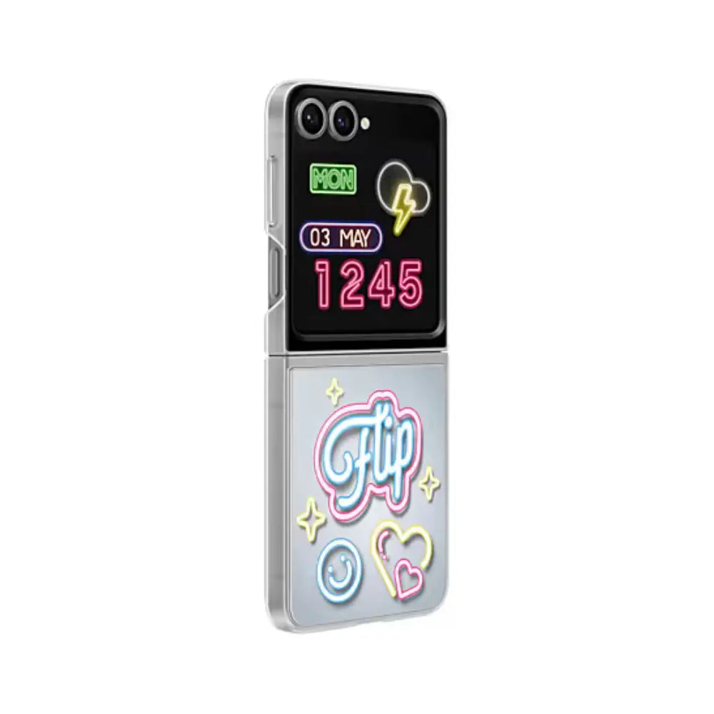 Flip phone case for Z Flip6 open view with neon cursive text and heart icons