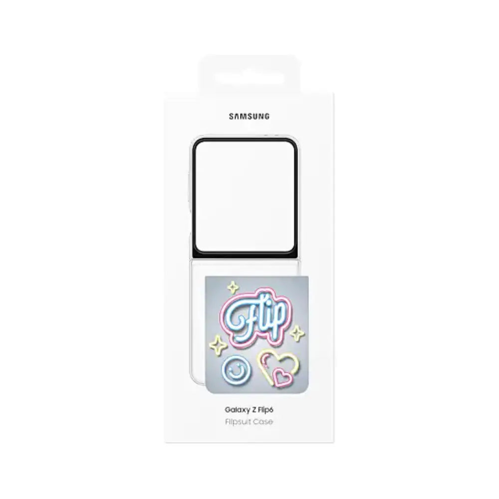Retail box for flip phone case showing neon heart and cursive graphic on the insert