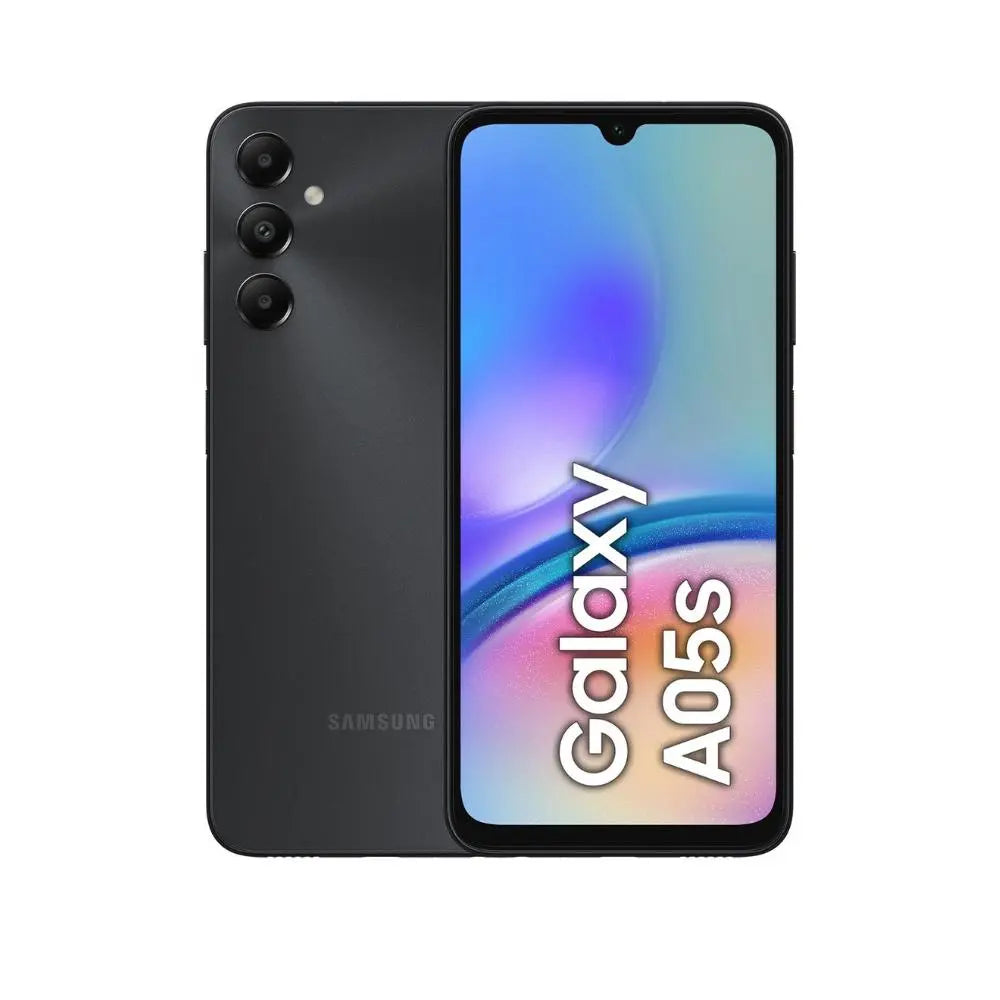 Samsung Galaxy A05s smartphone in black, front and back with triple camera