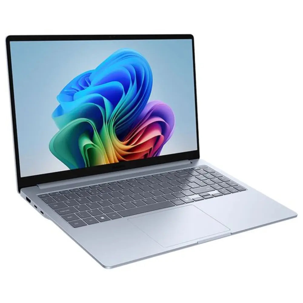 Silver 15.6-inch laptop with keyboard, angled side view