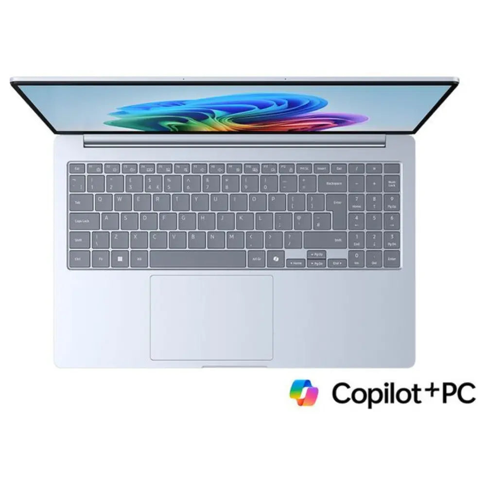 Silver 15.6-inch laptop, top view of keyboard and centered touchpad