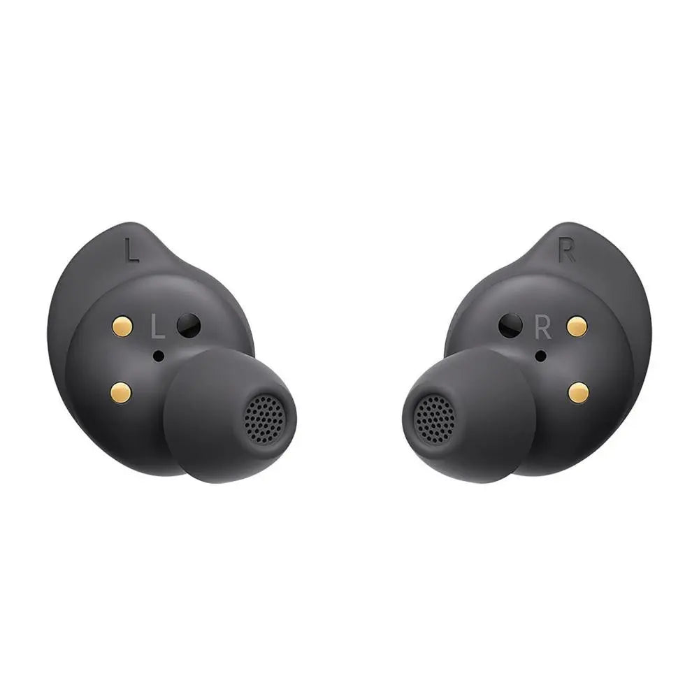 Black in-ear headphones, left and right earbuds with mesh speaker grille