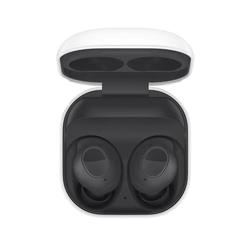 In-ear headphones with open charging case, white lid and two black earbuds