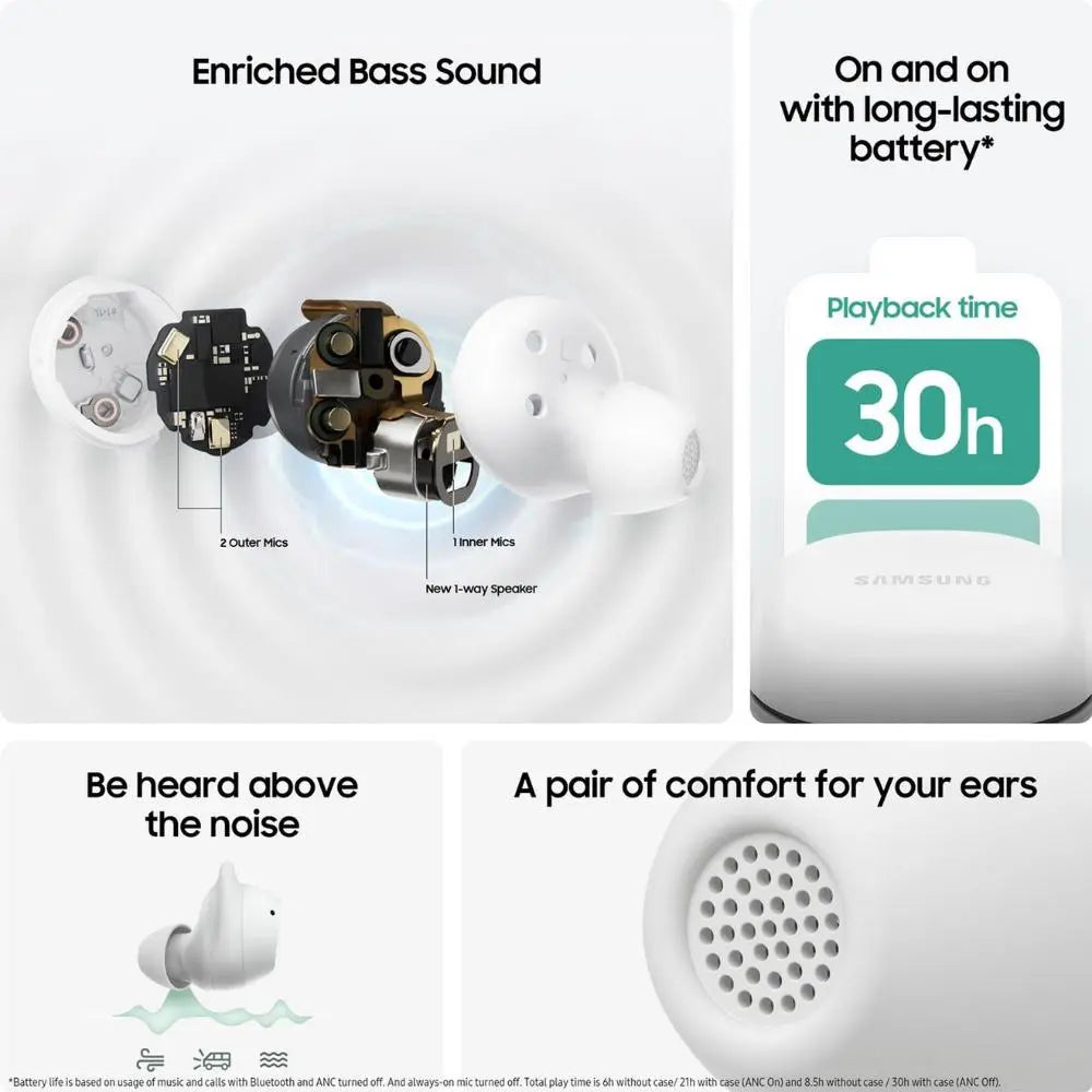 White in-ear headphones with charging case and earbuds shown in promotional layout