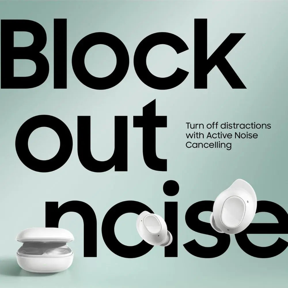 White in-ear headphones, earbuds and charging case shown on promotional graphic