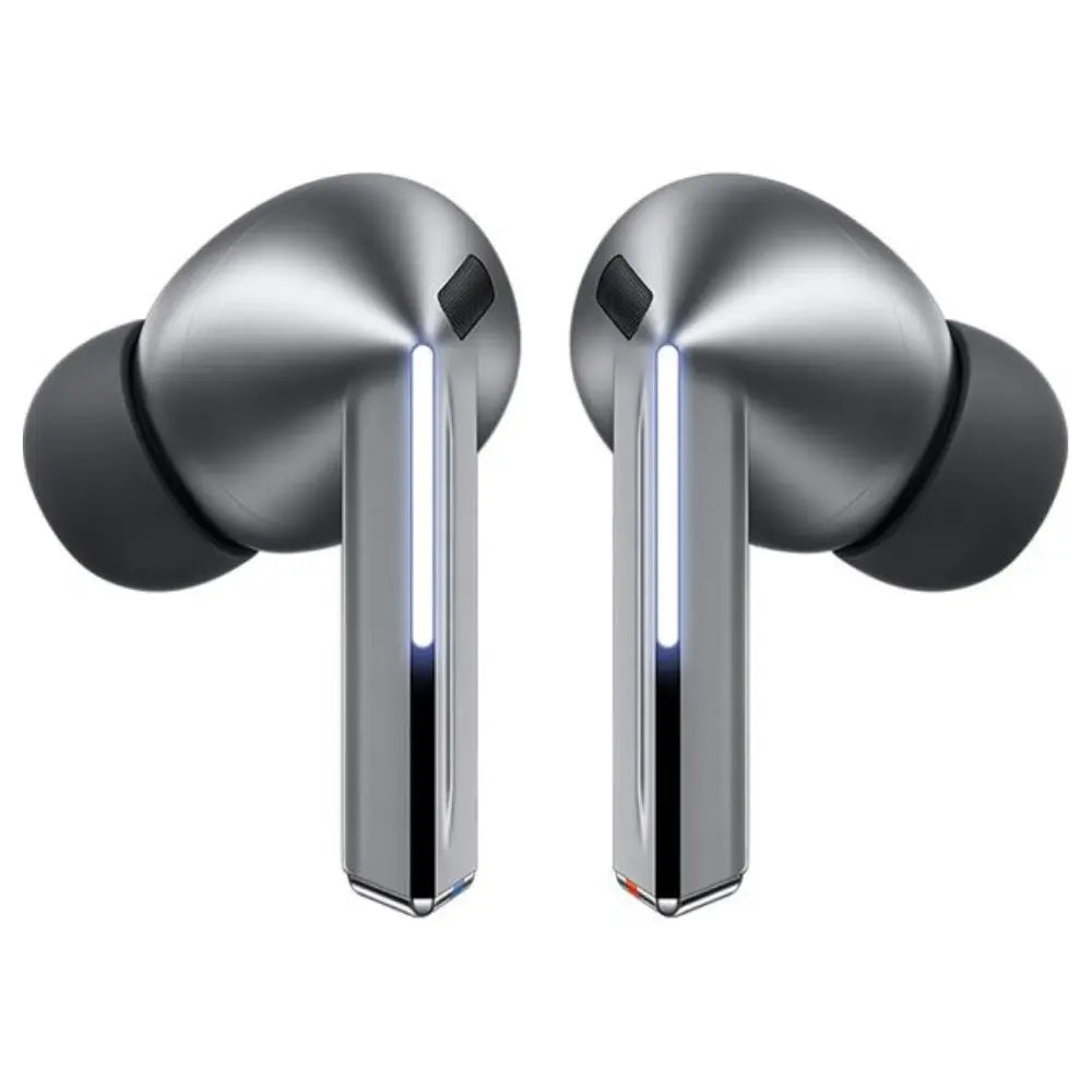 In-ear earbuds, silver tone with blue indicator light on each stem
