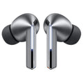 In-ear earbuds, silver tone with blue indicator light on each stem