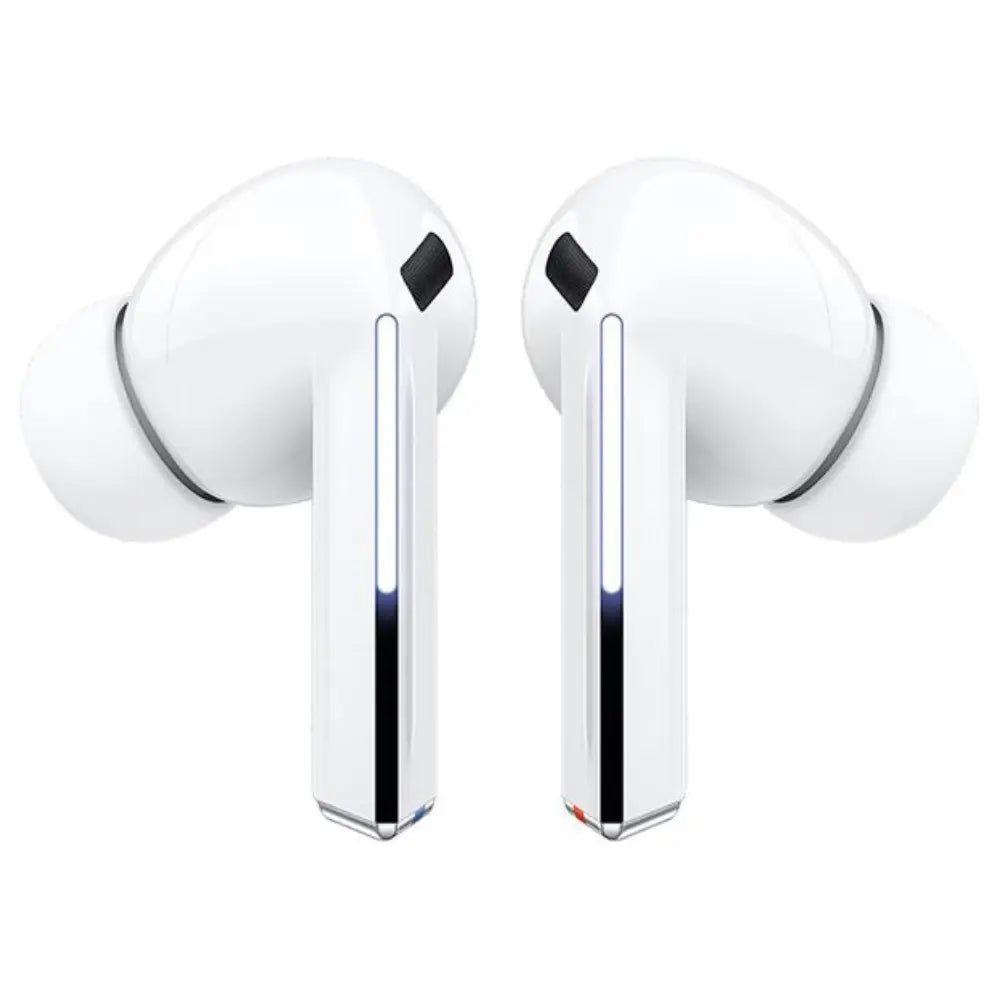 In-ear earbuds, white with blue indicator light on each stem