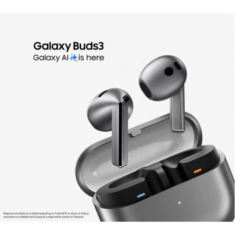 In-ear earbuds in charging case, silver finish with visible stems and earbuds