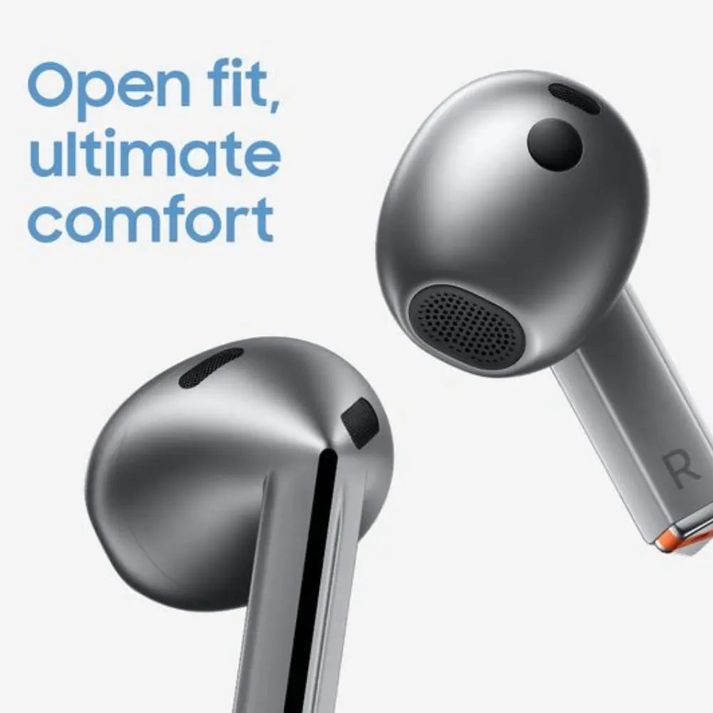 In-ear earbuds, dark gray metal finish with speaker grille and fit wing