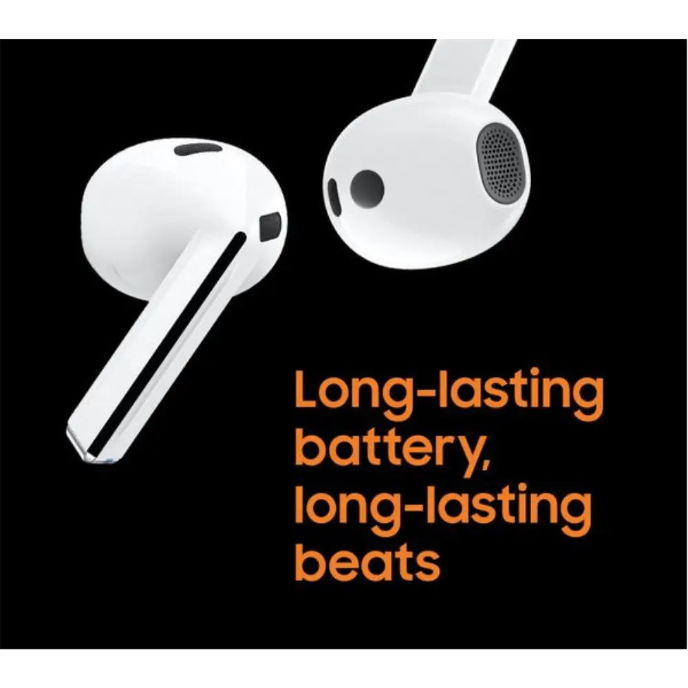 In-ear earbuds, white with black speaker mesh on ear tips and stems