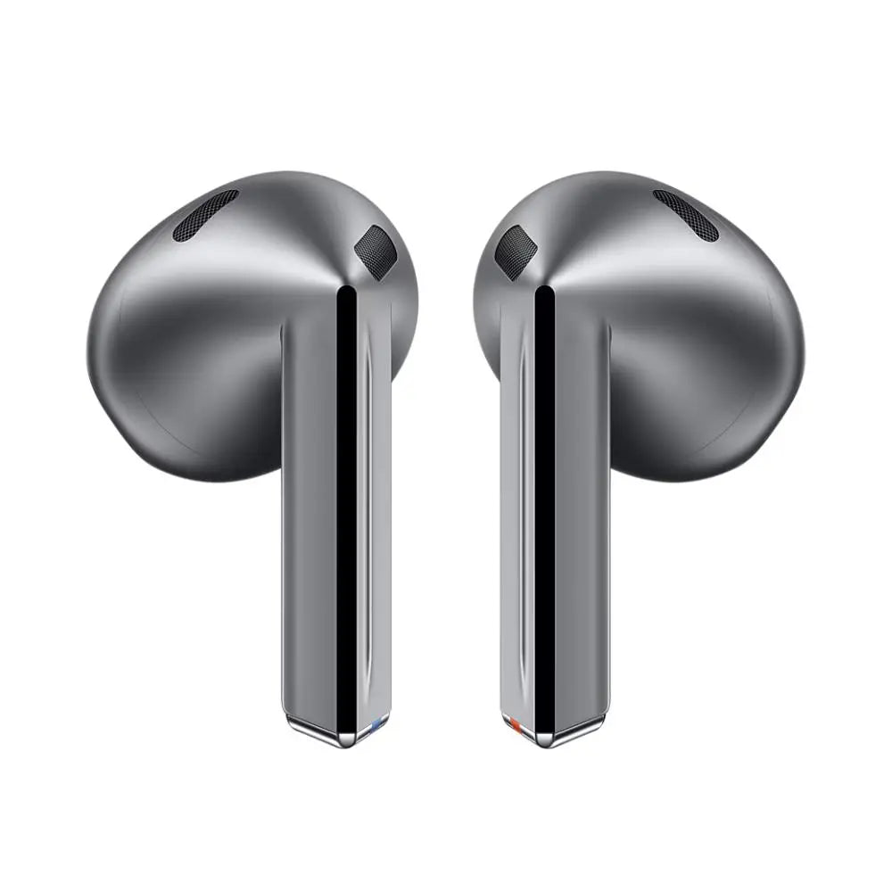 Silver in-ear earbuds with black speaker grilles and glossy charging contacts