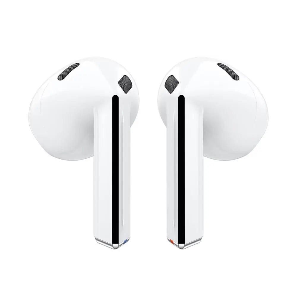 White in-ear earbuds with black speaker grilles and glossy charging contacts