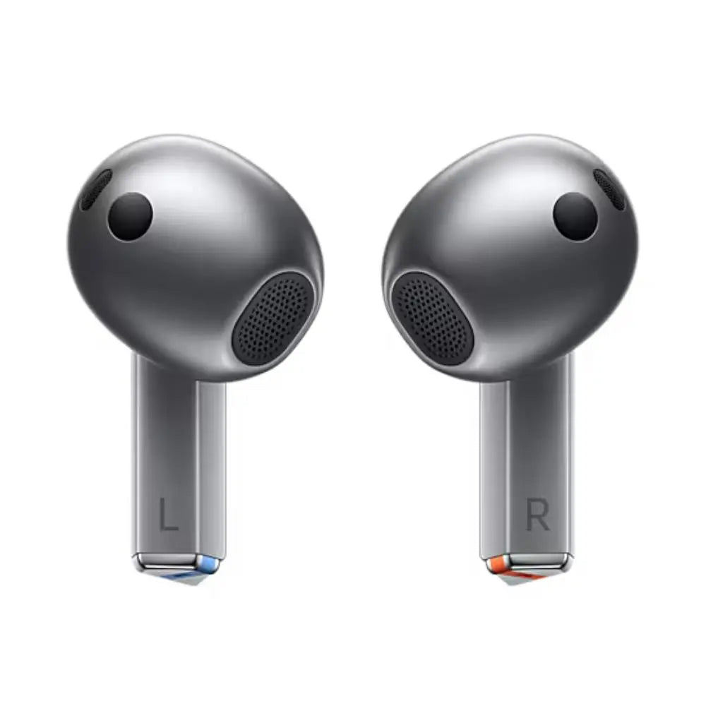 Silver in-ear earbuds front view, left and right marks, speaker mesh on tips