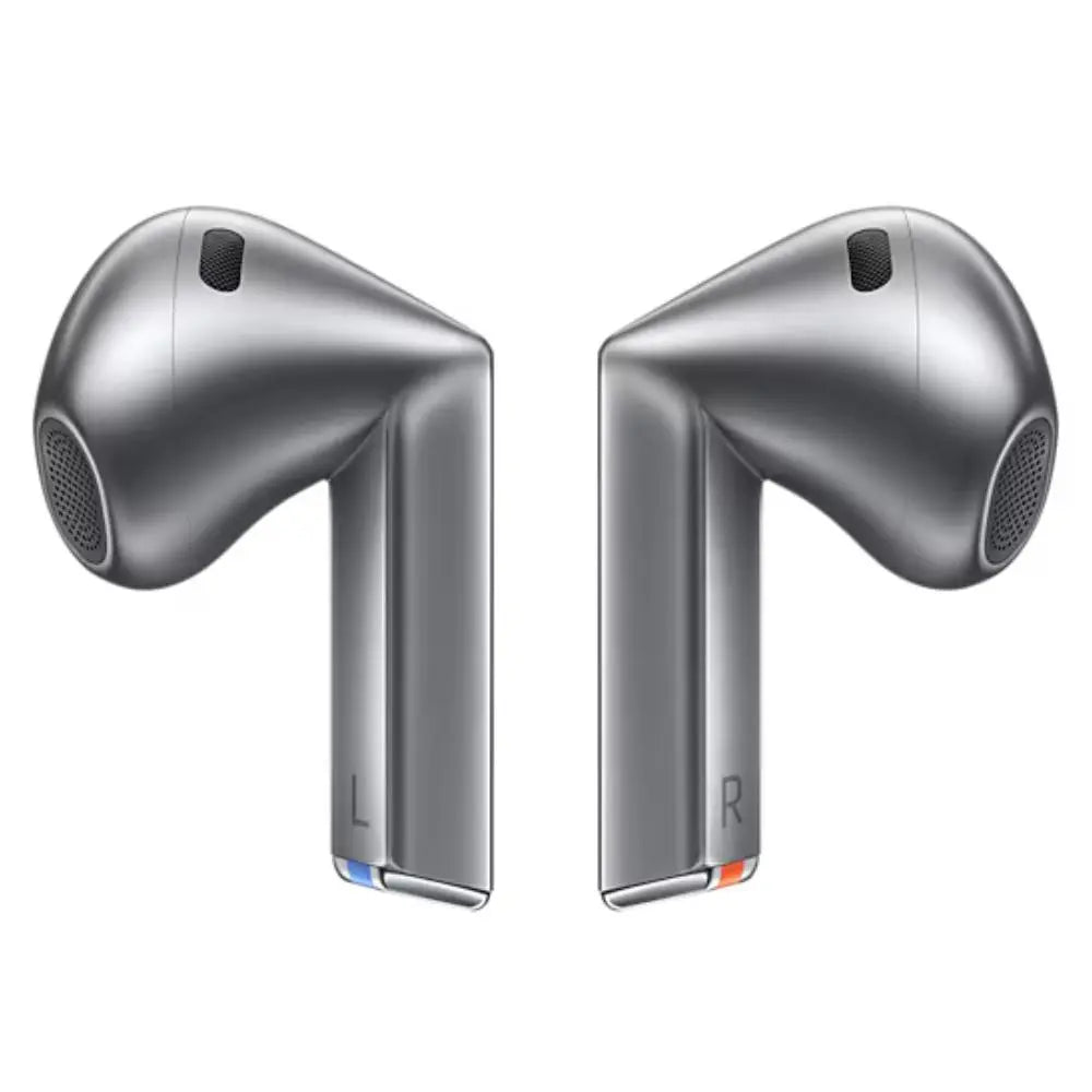 Silver in-ear earbuds, angled view, showing outer speaker mesh and stems