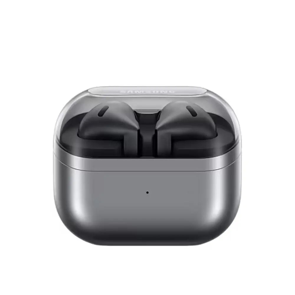Silver charging case with two in-ear earbuds seated in the open lid