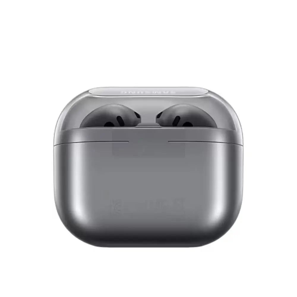 Silver charging case with earbuds partially visible inside, top lid open