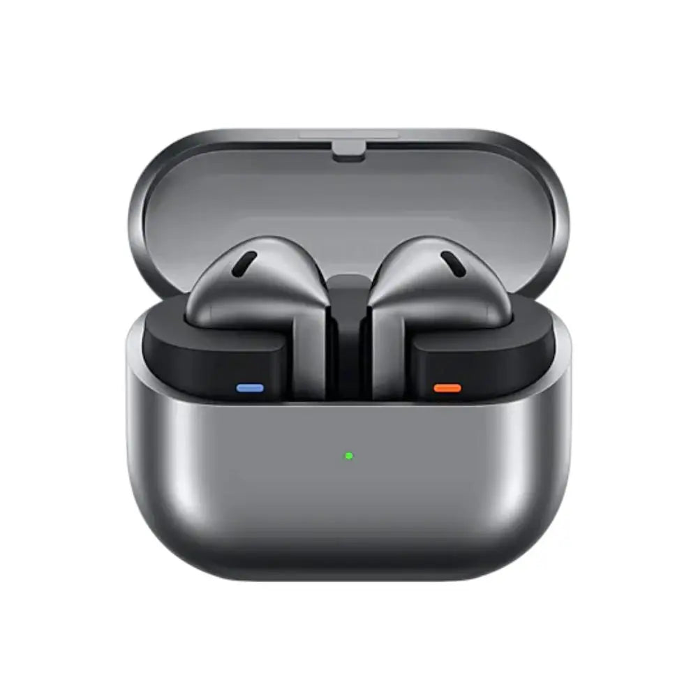 Silver charging case with two earbuds seated, LED indicators on the bases