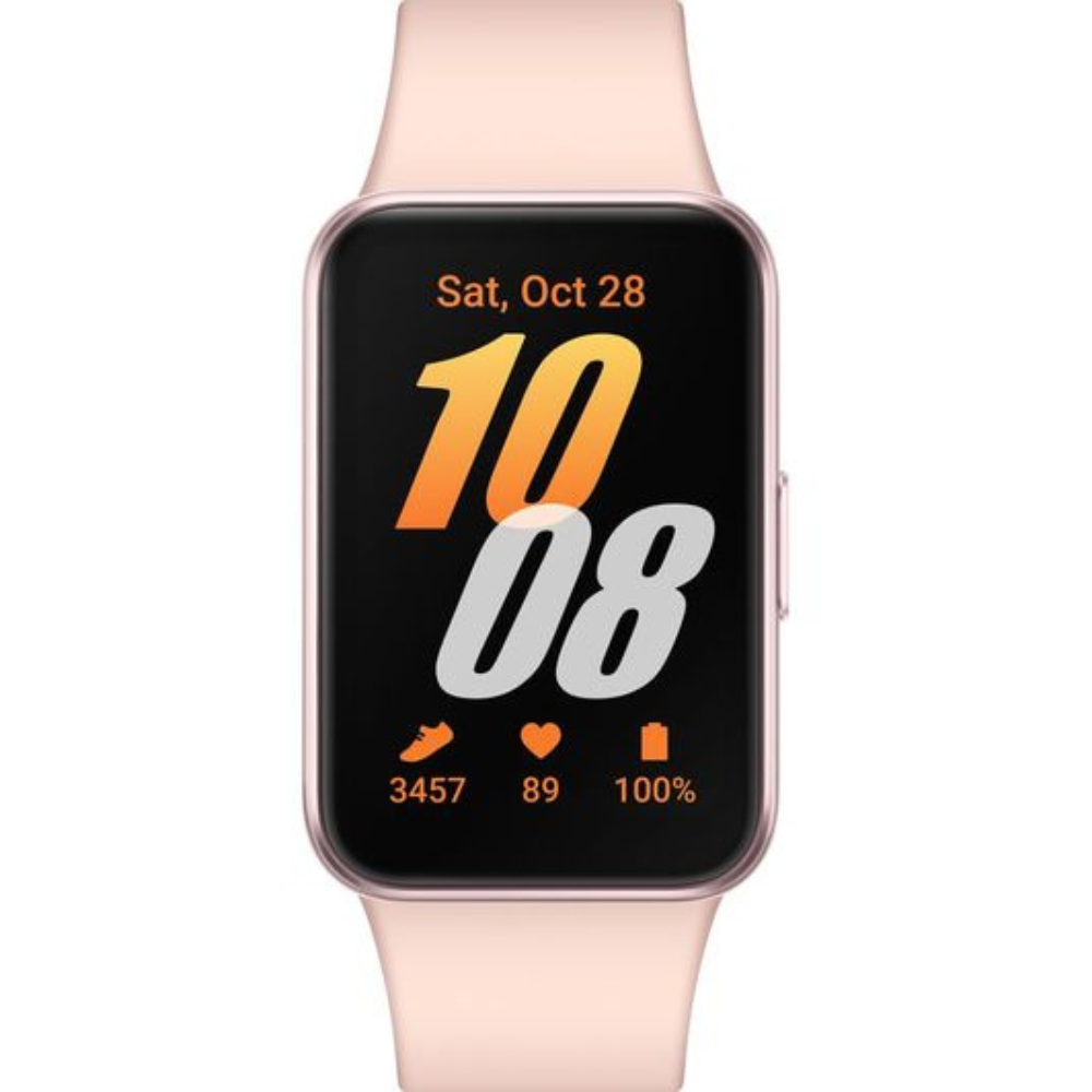 Galaxy Fit 3 smartwatch with pink case and pink silicone strap; black watch face with 10 08