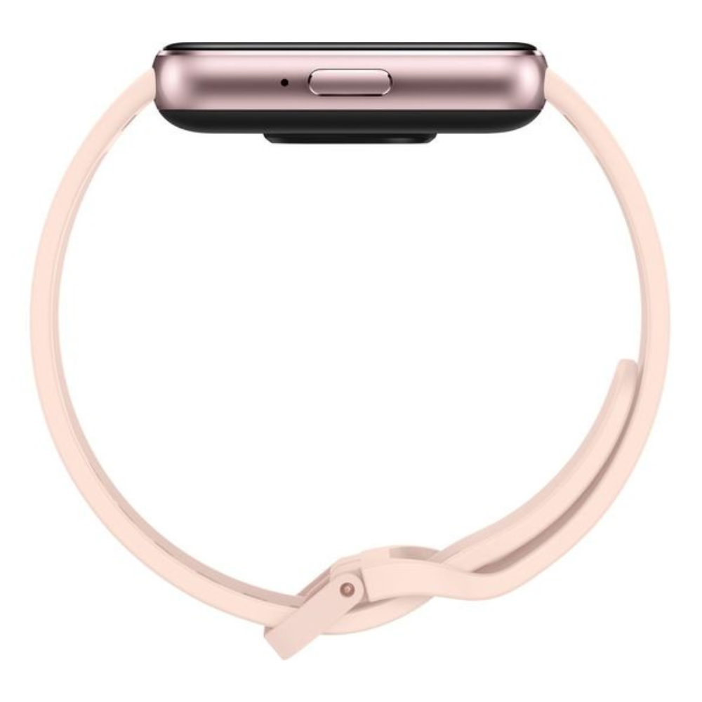 Galaxy Fit 3 smartwatch with pink silicone strap and slim side profile with button