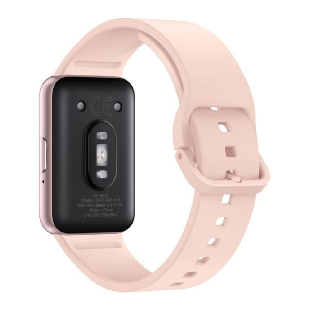 Galaxy Fit 3 smartwatch with pink case, black sensor area, and pink perforated strap