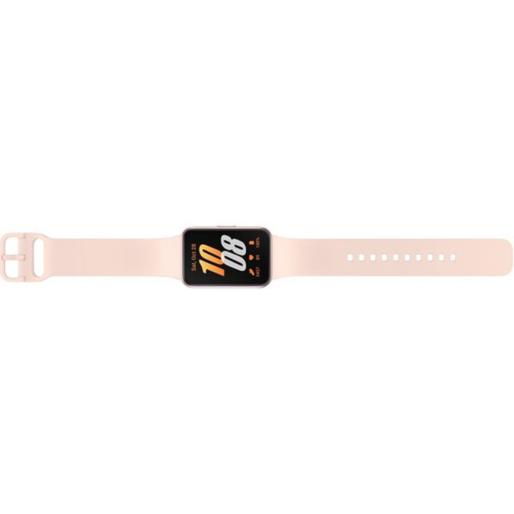 Galaxy Fit 3 smartwatch on pink strap, showing watch face and band hole pattern